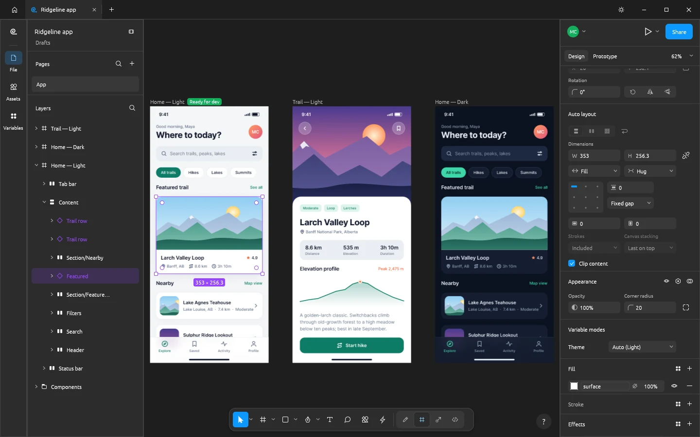 FigCraft showing light and dark Ridgeline app screens, an auto-layout tree, and the Design panel.