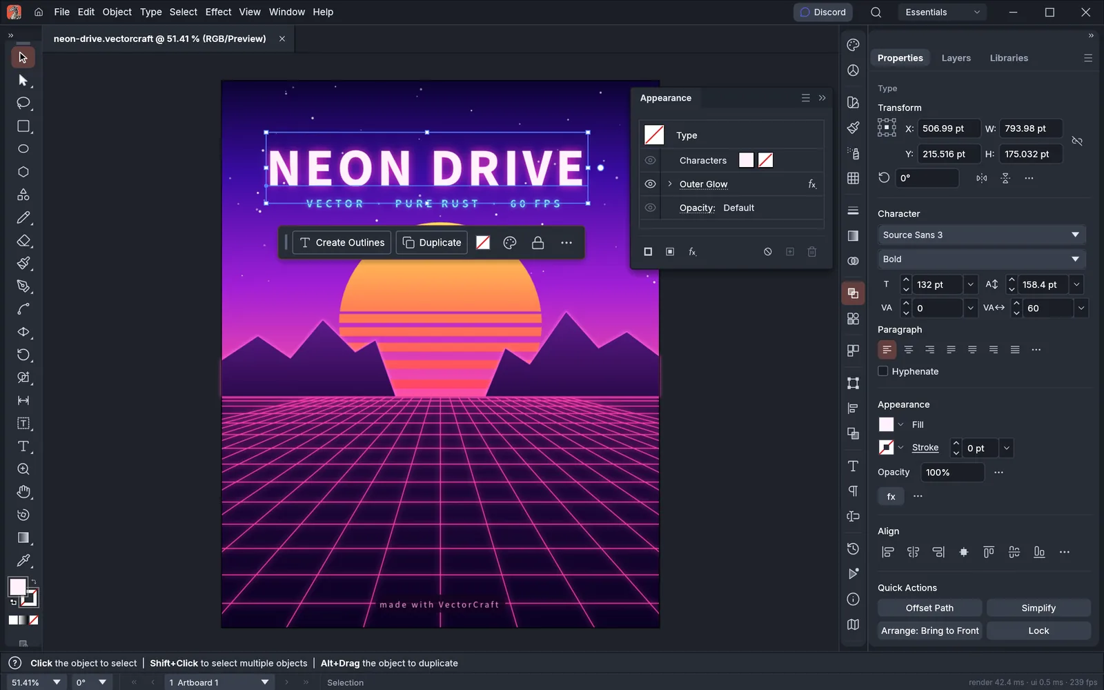 VectorCraft editing a Neon Drive poster with the title selected and live appearance settings visible.