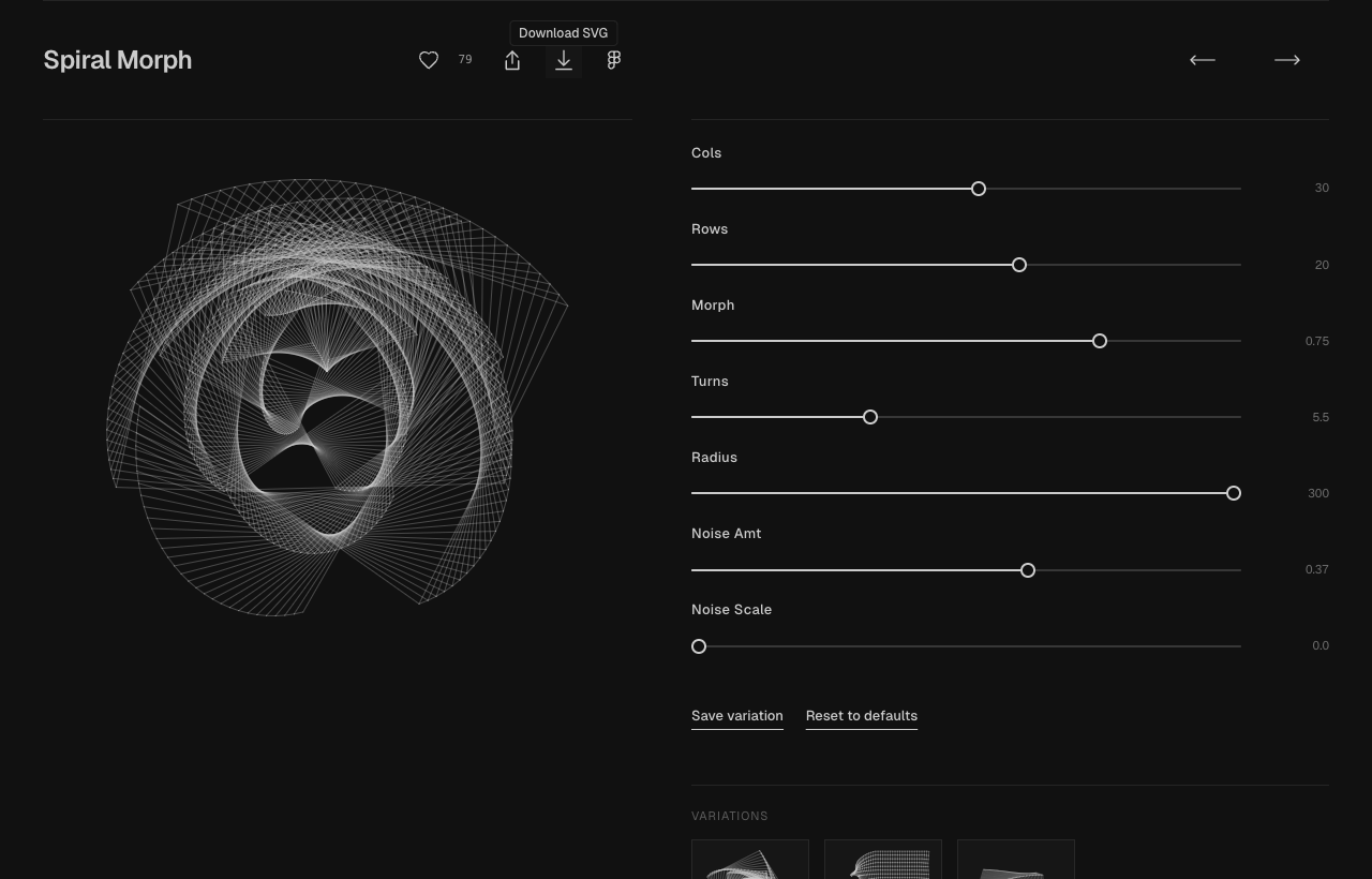 Spiral Morph editor showing the customized pattern and the Download SVG arrow in the top toolbar