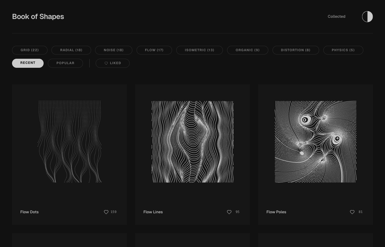 Book of Shapes gallery with category filters and Flow Dots, Flow Lines, and Flow Poles template cards