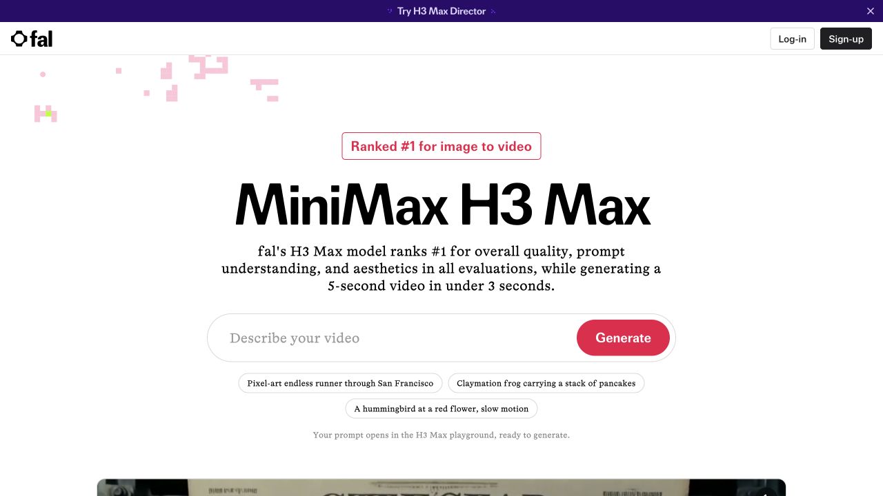 The MiniMax H3 Max landing page with its video prompt field, Generate button, and suggested prompts