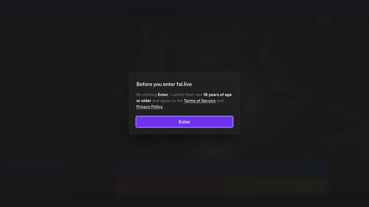 fal Live’s age and terms confirmation screen before entering the AI television site