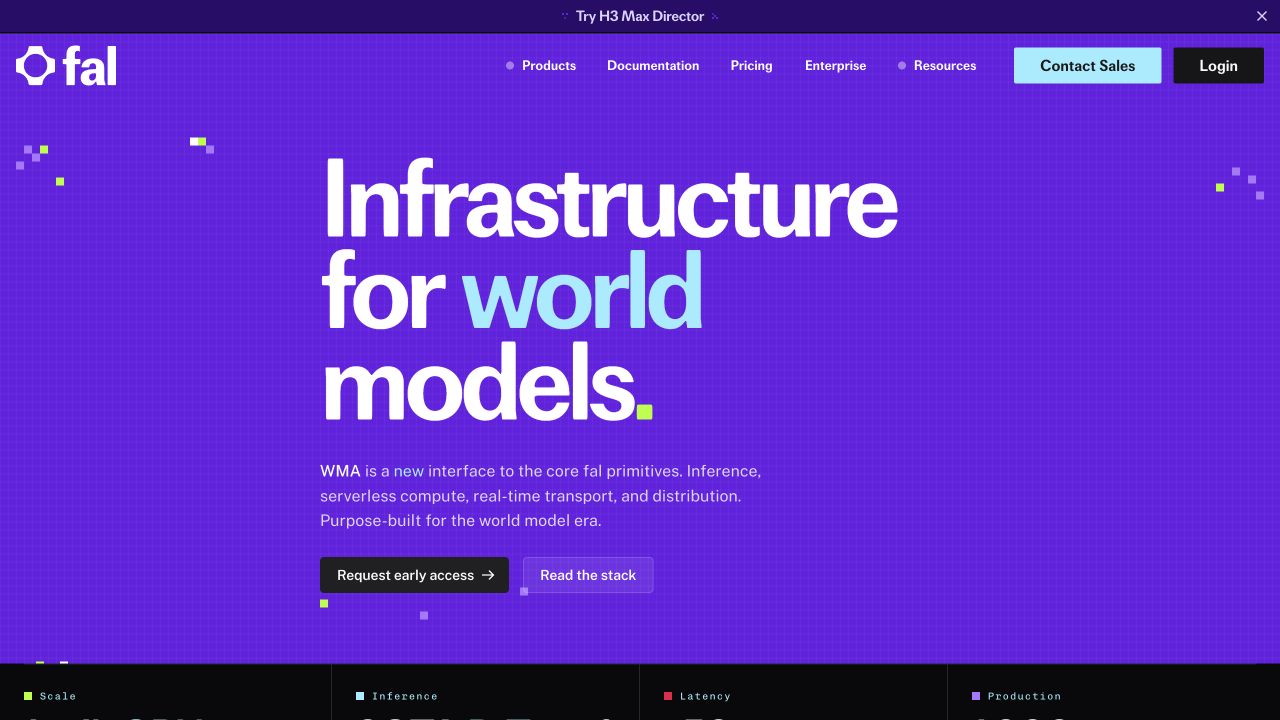 fal’s WMA page titled Infrastructure for world models with a Request early access link