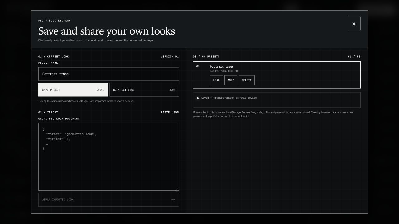 The Looks library with a locally saved preset named Portrait trace