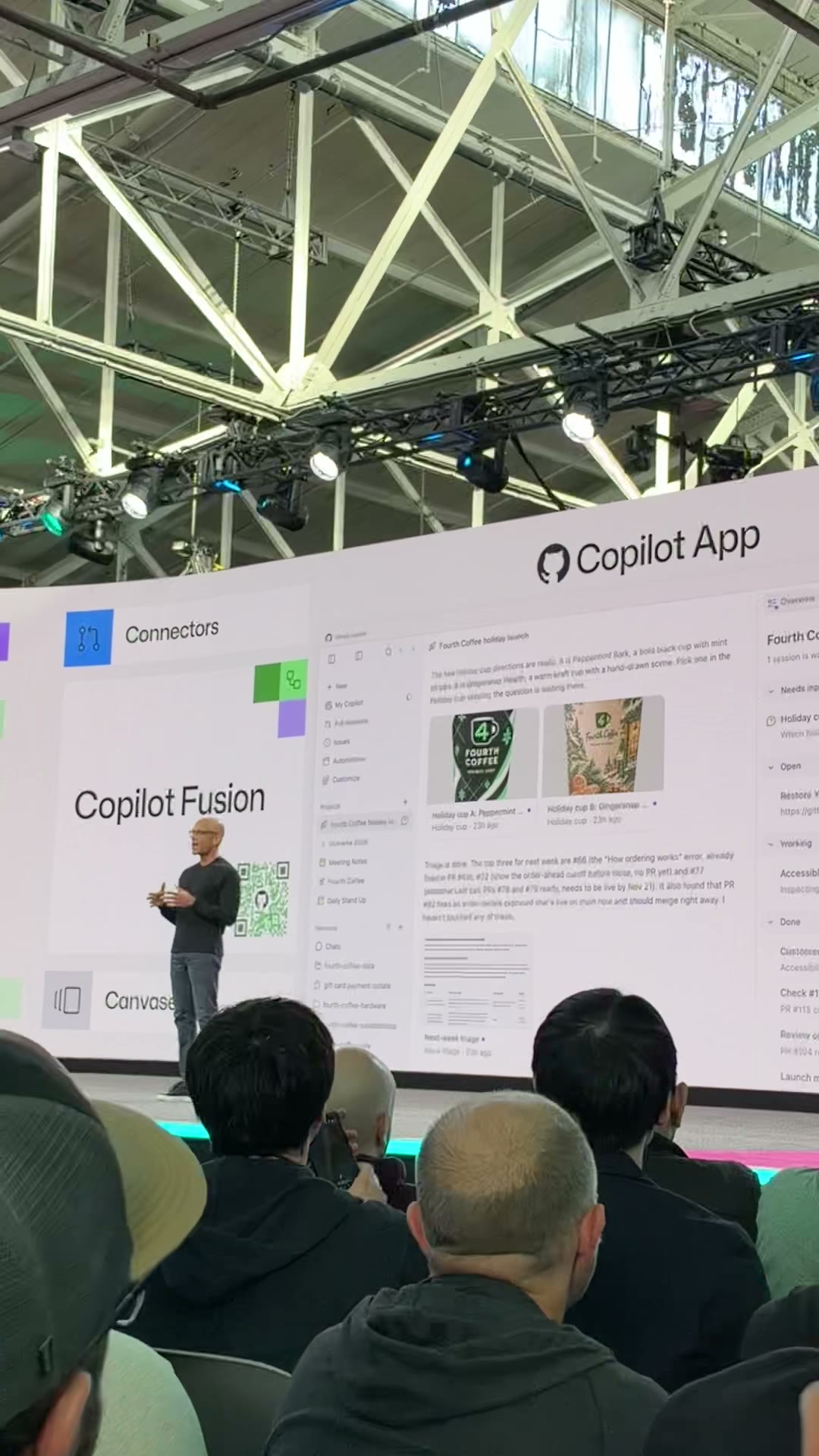 The keynote stage showing Copilot App and Copilot Fusion alongside a product interface.