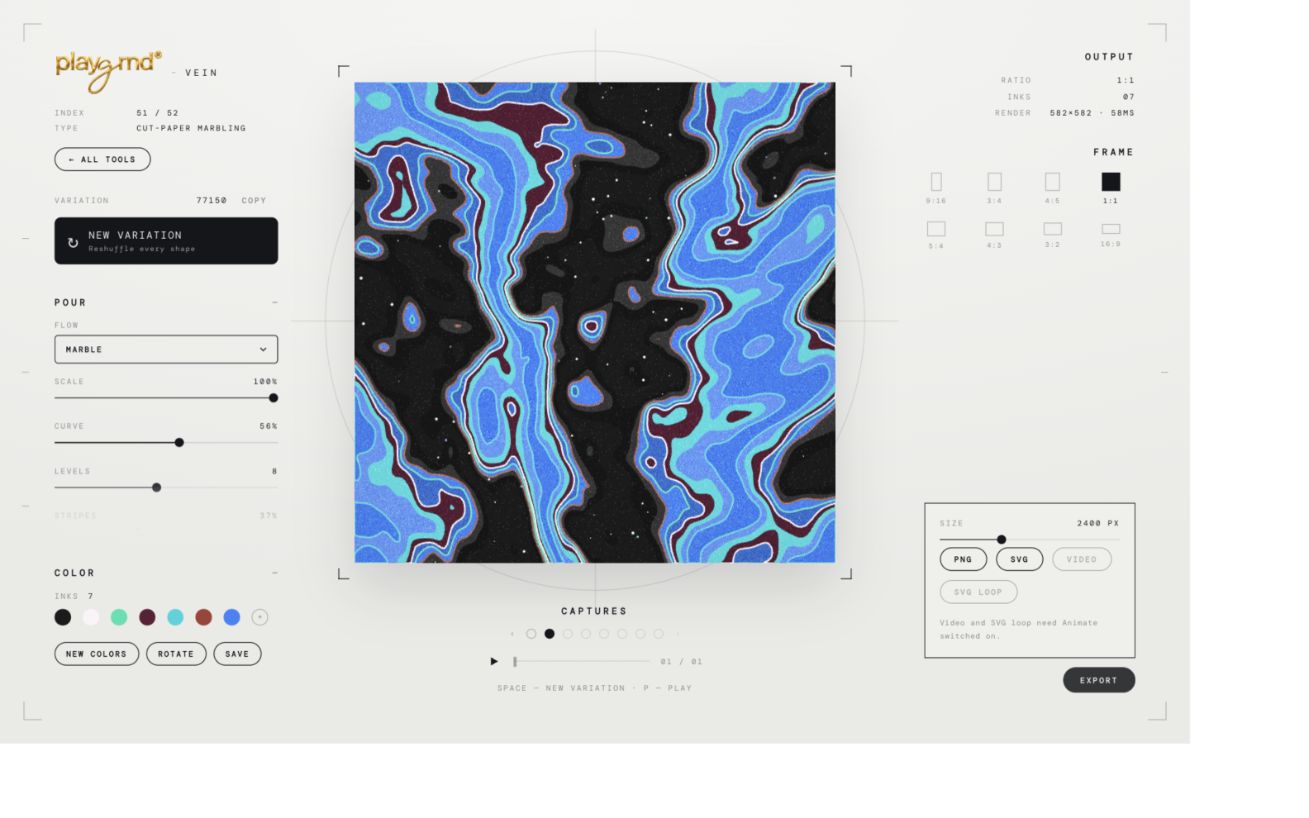 Vein editor with a square blue marbling composition, Export open, Size set to 2400 px, and PNG and SVG buttons.
