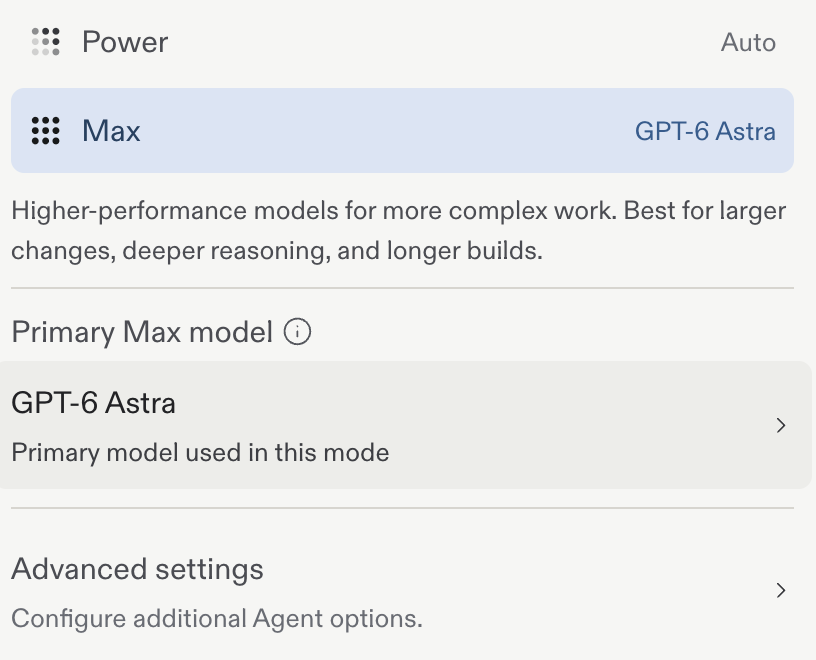 Replit settings: Max is selected and Primary Max model is set to GPT-6 Astra.