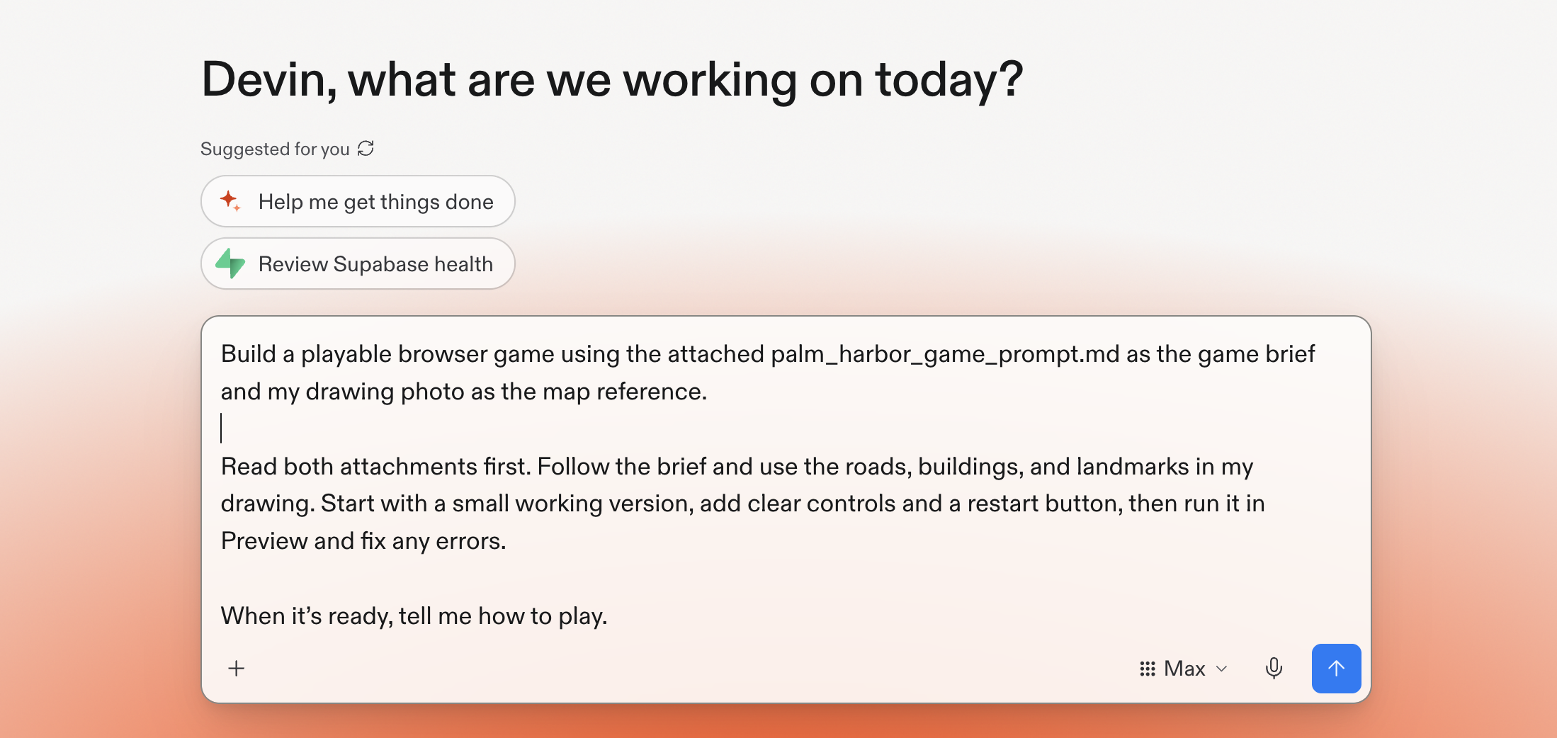The game prompt pasted into Replit’s chat, with Max selected and a blue send arrow in the bottom right.