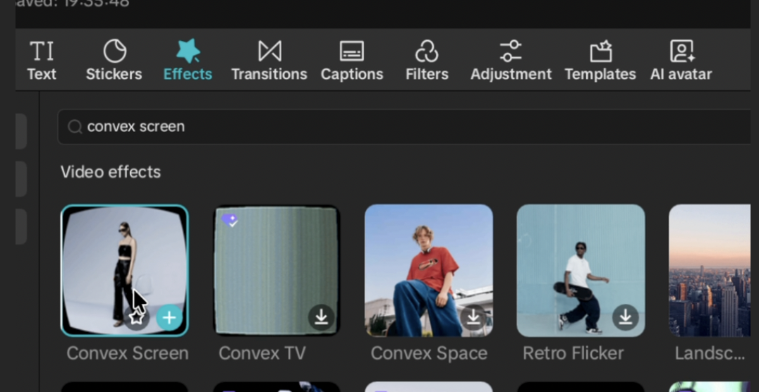 A search for convex screen with the Convex Screen effect as the first result.