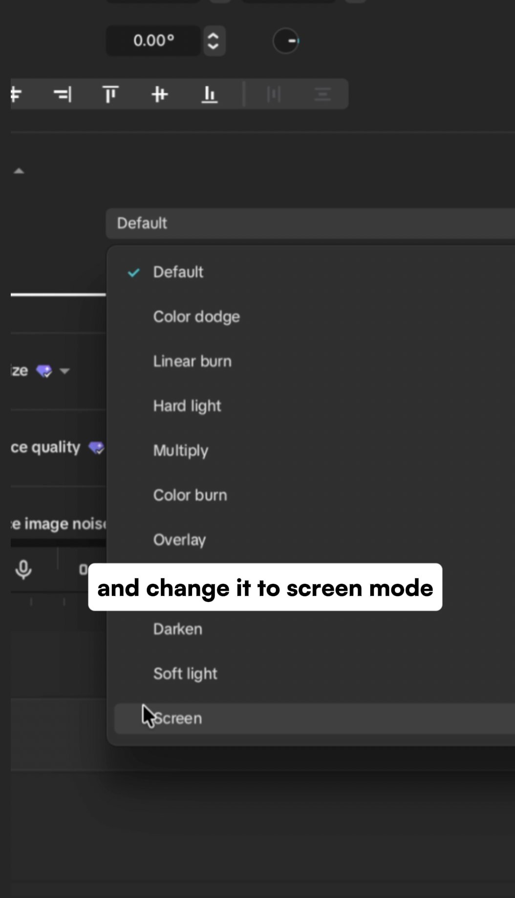 CapCut’s blend mode dropdown with Screen highlighted near the bottom.