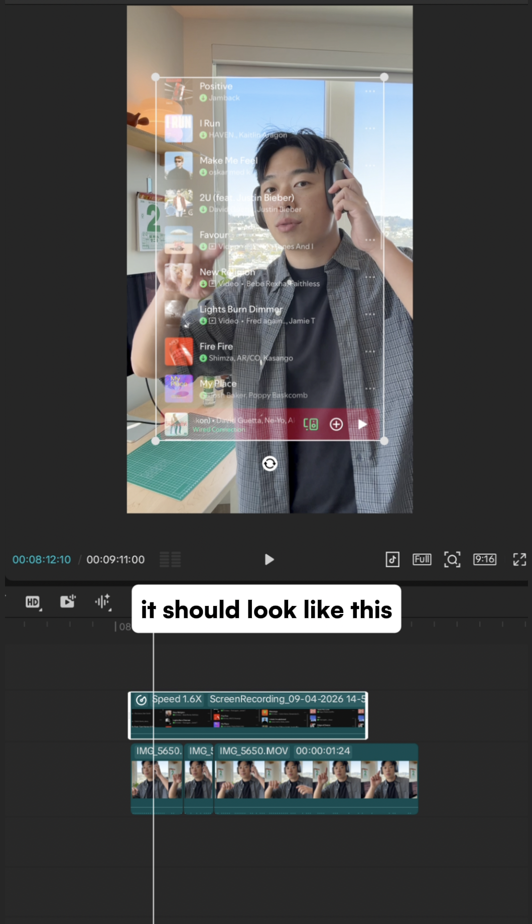 The Spotify playlist is transparent over the person after Screen blend mode is applied.